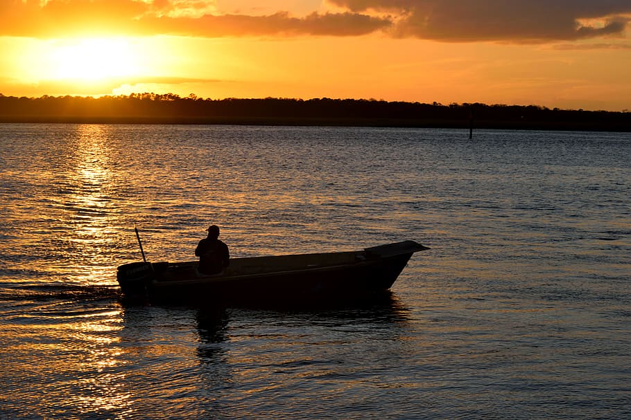 sunset, river, vilano beach, florida, fisherman, boat, water HD wallpaper