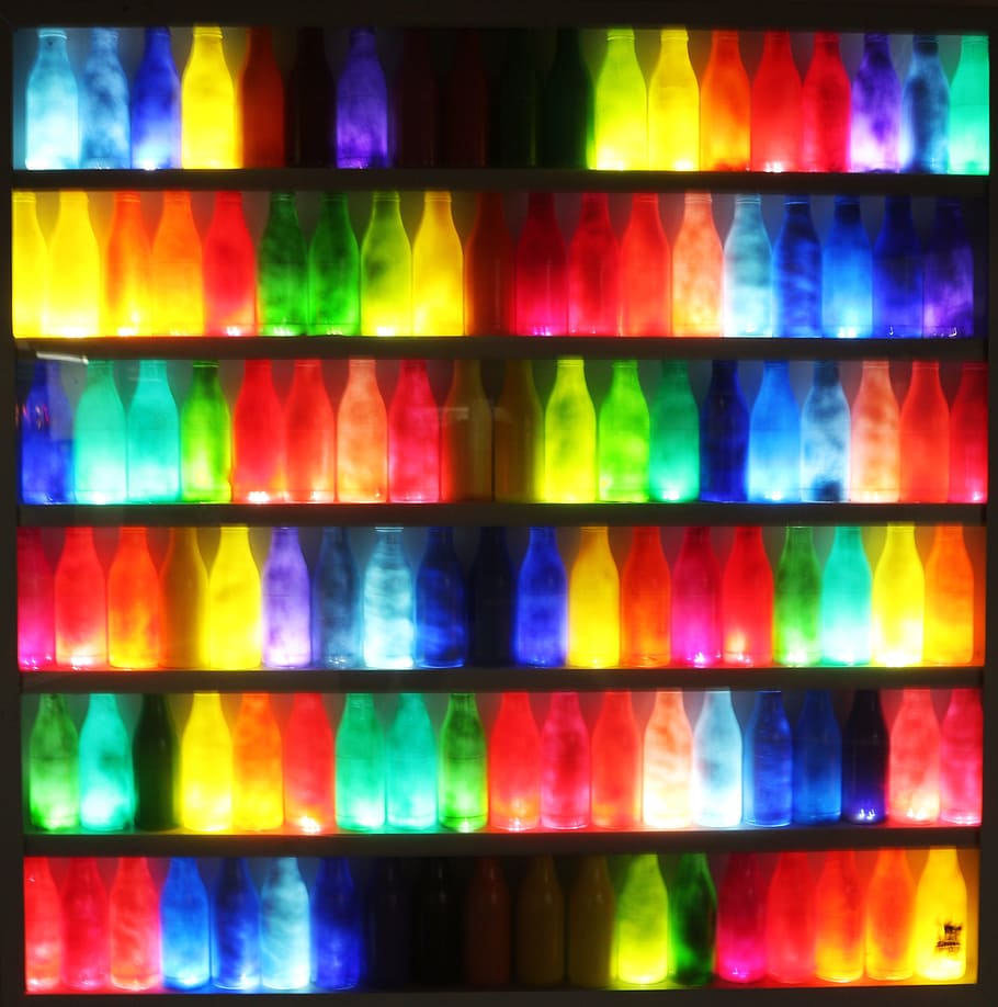 bottles, art object, light installation, multi colored, backgrounds HD wallpaper