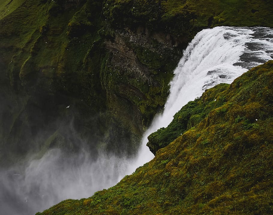 flowing waterfalls near green mountains, landscape photography of water falls HD wallpaper