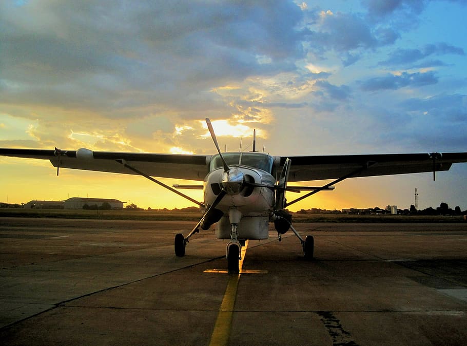 monoplane on field under blue sky, airplane, propeller, sunset HD wallpaper