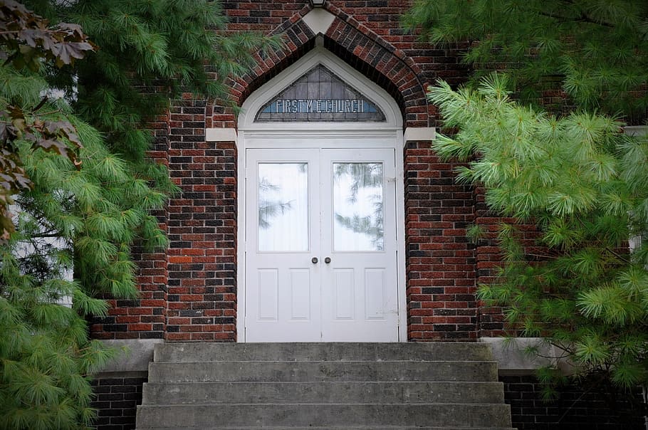 HD wallpaper: church, doors, brick, old, trees, stairs, stained glass