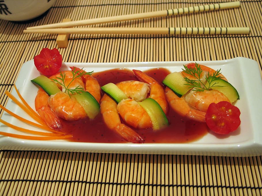 shrimp dish with sauce, asian, bamboo, cantonese, chilli, china HD wallpaper