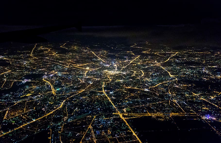 aerial view photography of city, moscow, night, map, plane, air, HD wallpaper