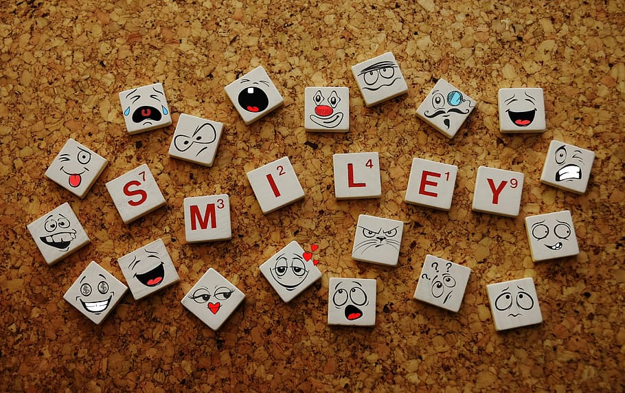 gray animal-printed smiley scrabble tiles, smilies, funny, faces