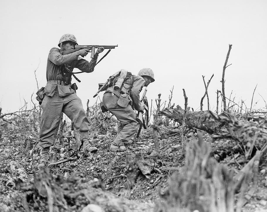 grayscale photo of two soldier, war, soldiers, marine, bataile of okinawa