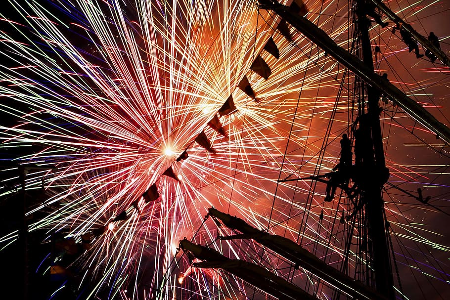 fireworks in the night sky, ship, tall, sail, celebration, anniversary HD wallpaper