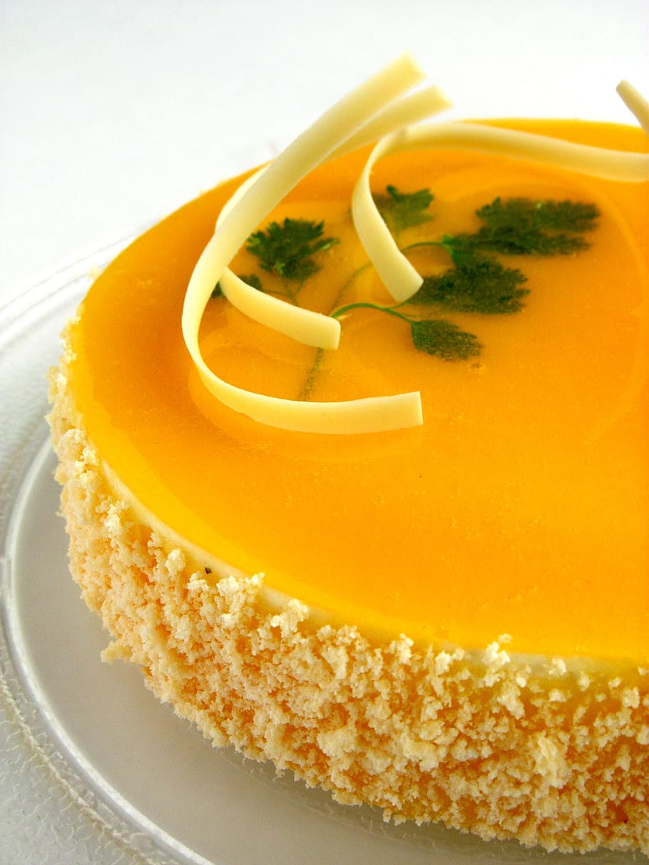 yellow pastry on white ceramic plate, cake, dessert, pie, cake buffet HD wallpaper
