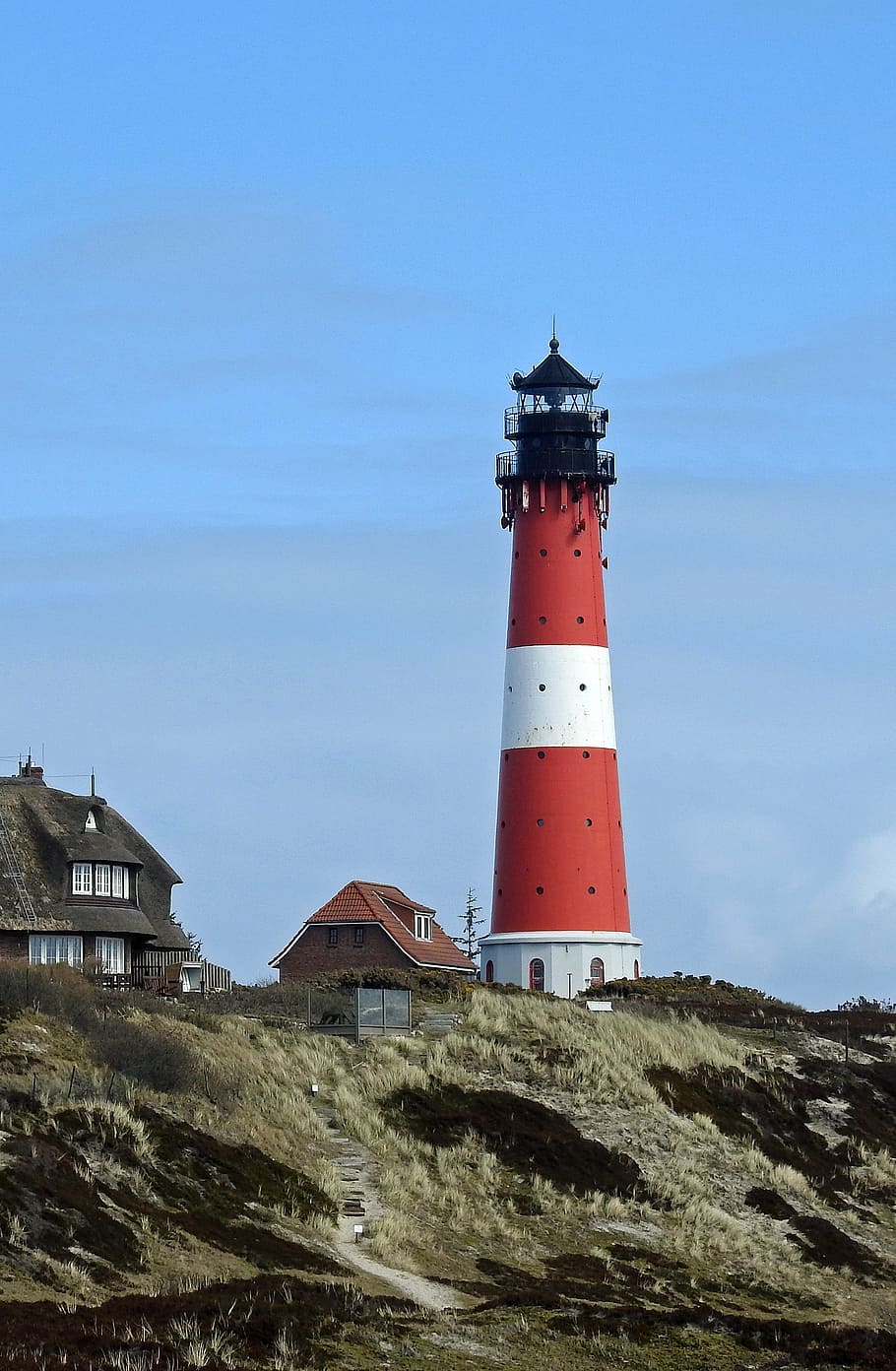 red and white lighthouse under blue sky, sylt, coast, beach HD wallpaper