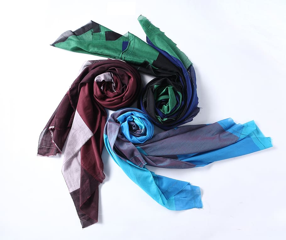 scarf, color, red, green, blue, rotate, white background, studio shot HD wallpaper