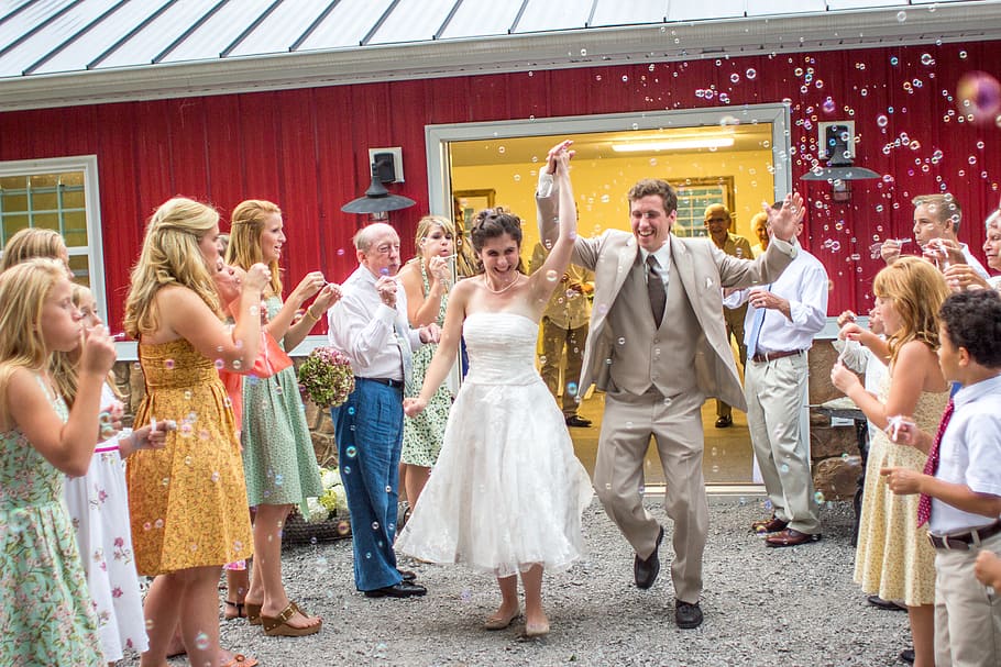 wedding reception, exit, bubbles, people, celebration, women, HD wallpaper