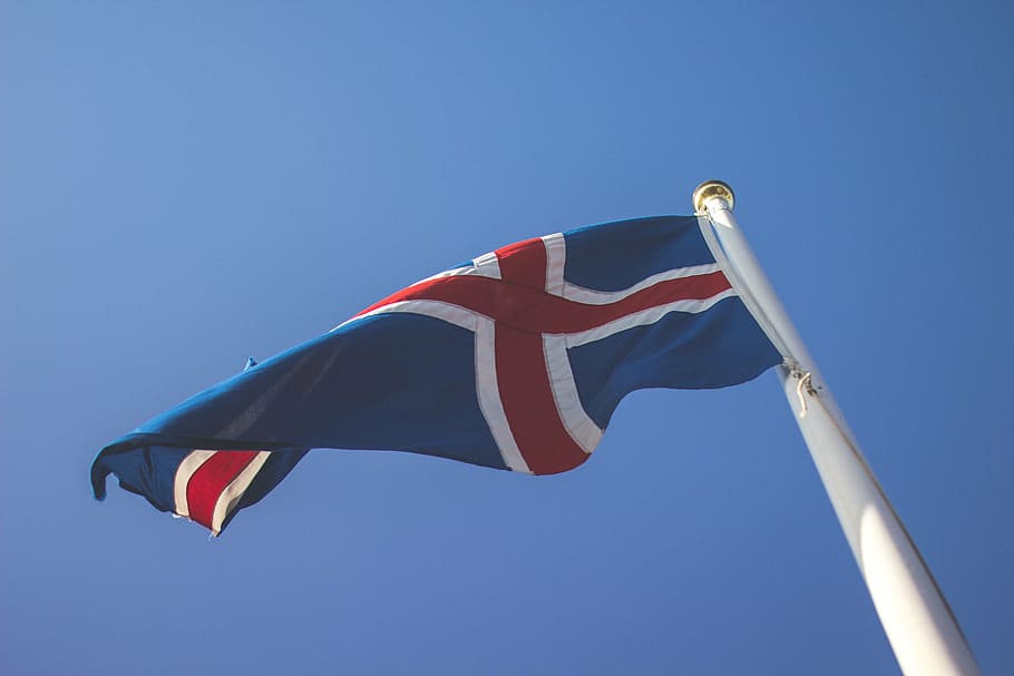 blue, red, and white flag on flag pole, daytime, Iceland, sky HD wallpaper
