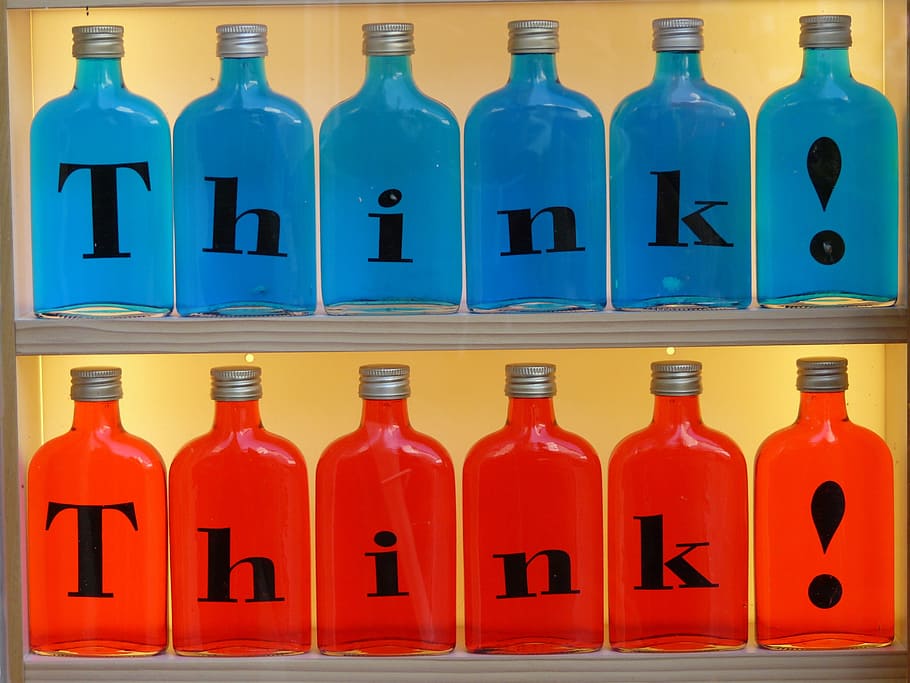 Bottles, Imprint, Glass, Think, blue, red, colorful, gaudy HD wallpaper