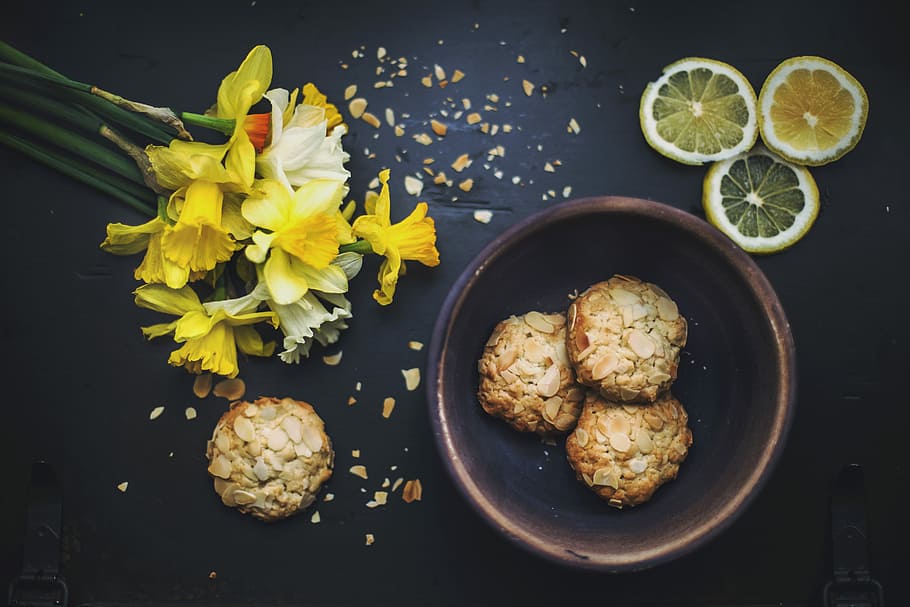 flat lay photography of cookies on bowl, flower near cookies, HD wallpaper