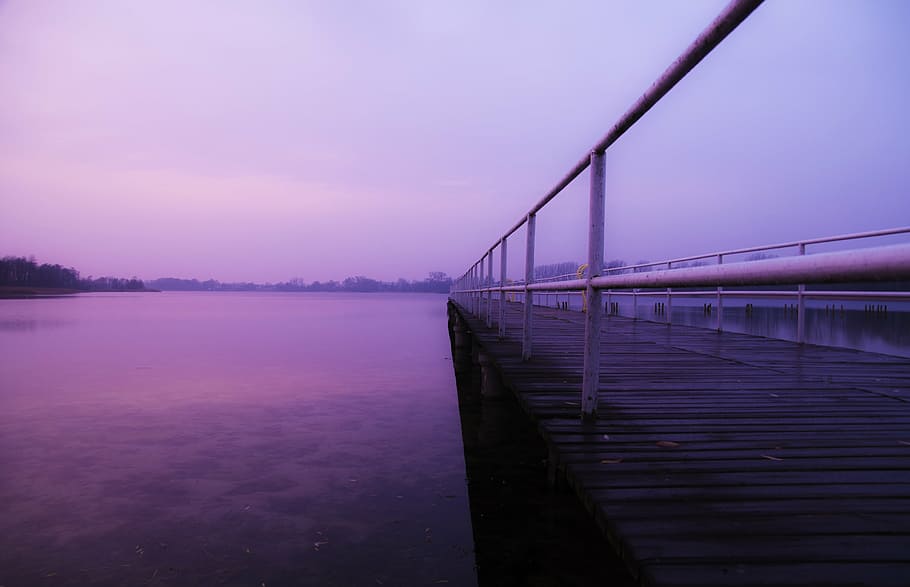 dawn, dusk, jetty, lake, outdoors, pier, river, sky, sunrise HD wallpaper