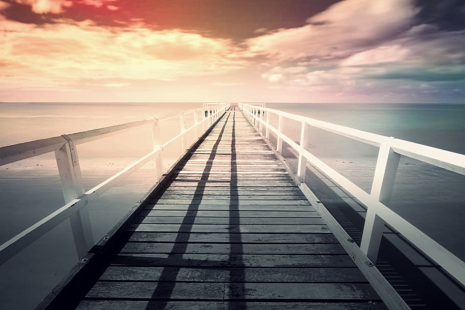 photography of white and gray wooden dock, pier, web, sea, sky HD wallpaper