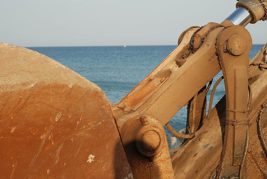 machine, excavator, industrial, sky, beach, equipment, machinery HD wallpaper