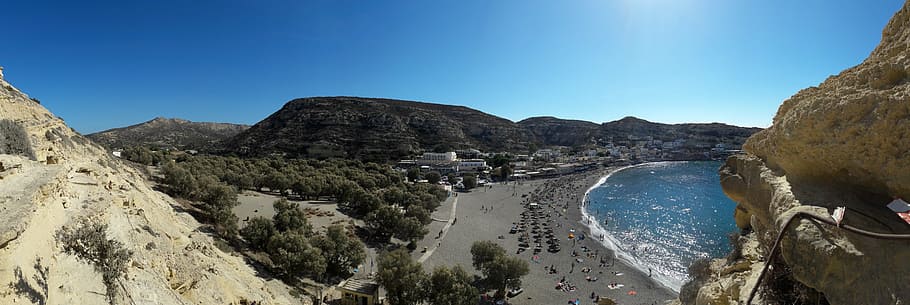 matala, crete, beach, panorama, sun loungers, bathing, holiday HD wallpaper