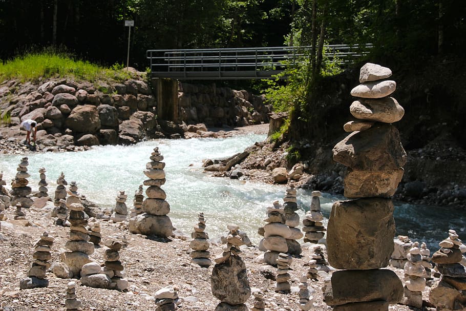 stone park, stones, stack, stacked stones, shaky, water, pebbles HD wallpaper
