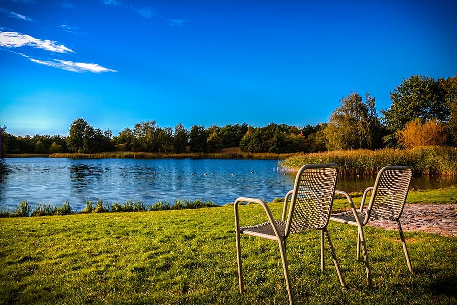 landscape, water, chairs, grass, lake, nature, outdoors, tree HD wallpaper