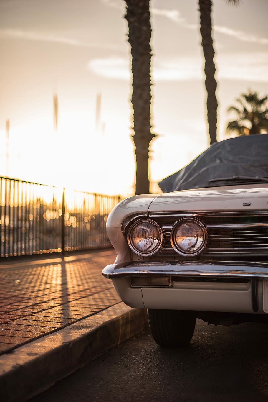 close up photo of silver car, classic white car parked on gray top road during golden hour HD wallpaper