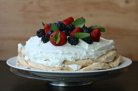 waffle with whipped cream and strawberry toppings served on white plate HD wallpaper