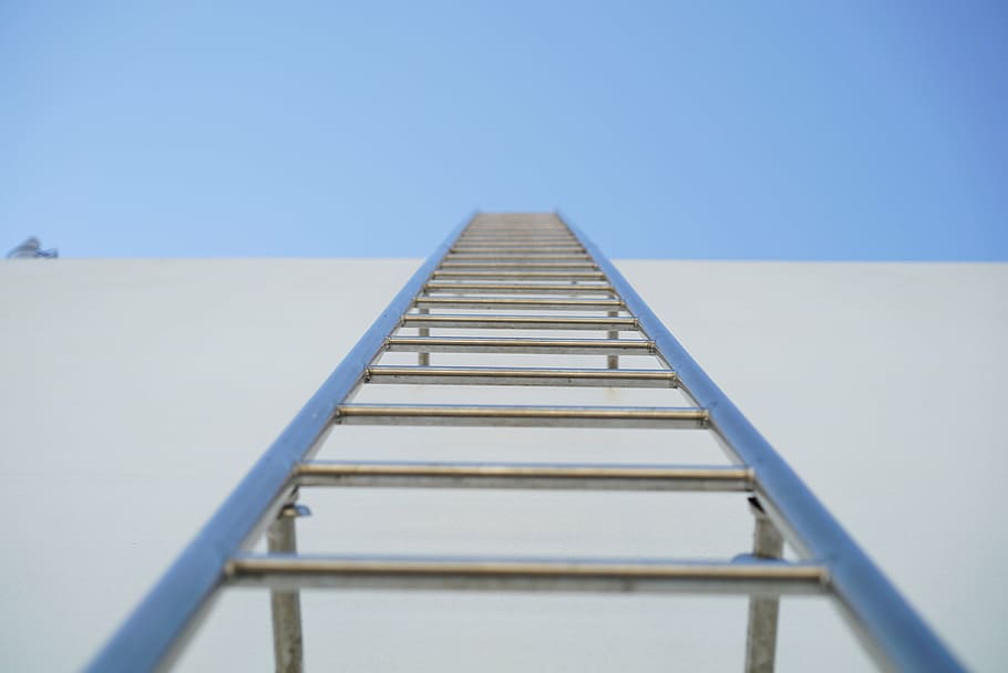 ladder, the rooftop, vertical, stainless, sky, clear sky, blue HD wallpaper
