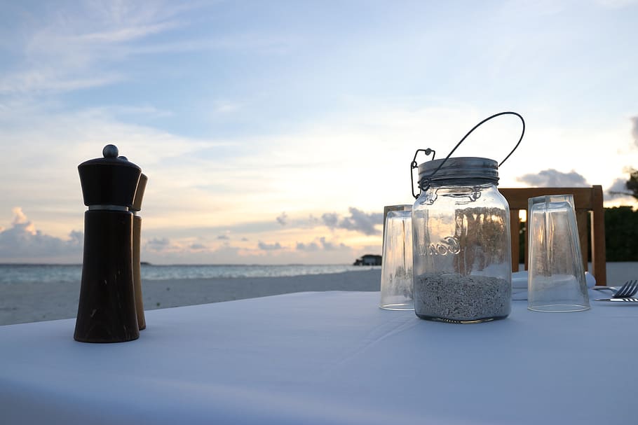 beach, dinner, sunset, maldives, table setting, tropical, decoration HD wallpaper