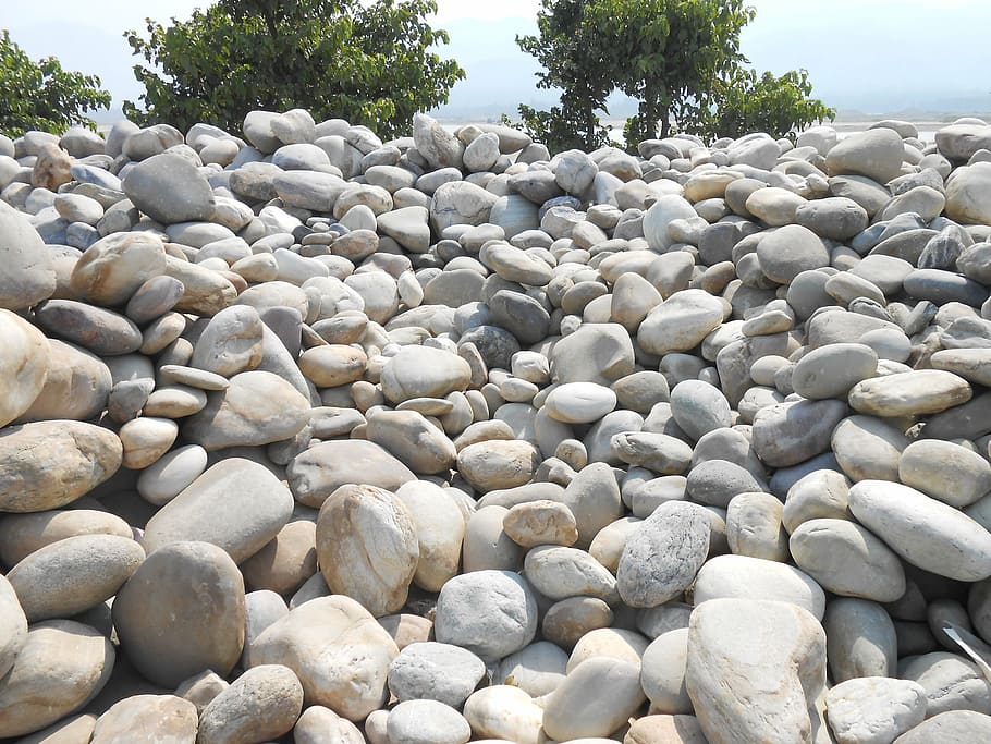 pebbles, mountain, roadway, nature, stone, water, landscape HD wallpaper