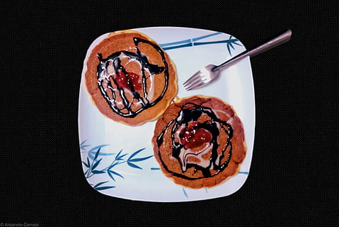pancakes, breakfast, eat, candy, fork, food, white, sugar, chocolate HD wallpaper