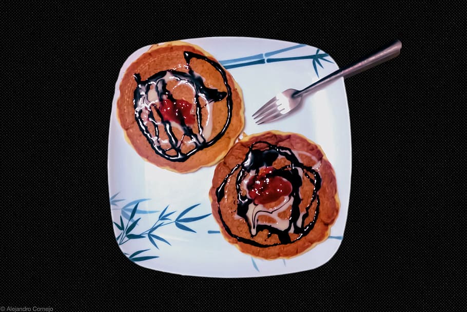 pancakes, breakfast, eat, candy, fork, food, white, sugar, chocolate HD wallpaper