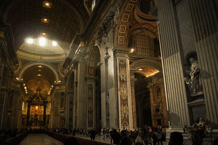 people standing inside brown and gray building, vatican, st peter's basilica