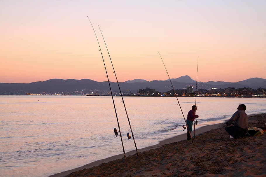 fish, sea, beach, evening, abendstimmung, fischer, water, sky HD wallpaper