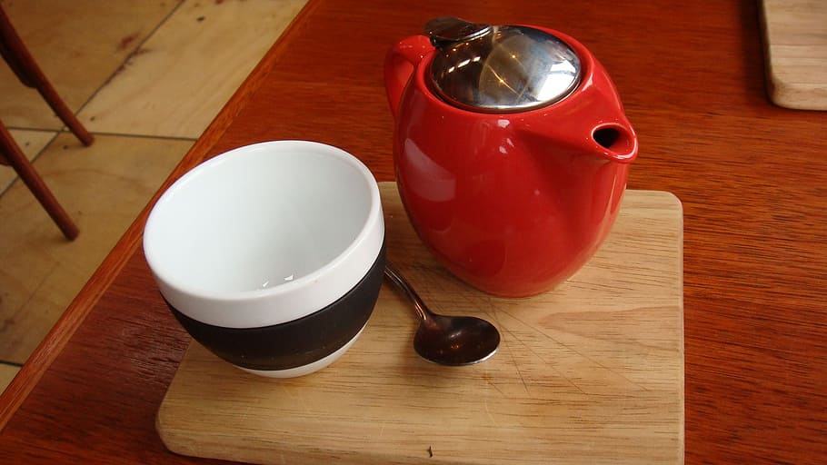 cup, pot, teapot, red, drink, table, wood - material, food and drink HD wallpaper