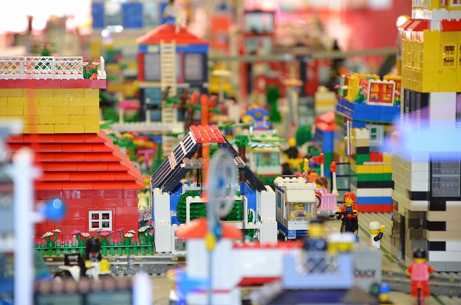 selective focus photo of Lego toy village, Legoland, legostadt