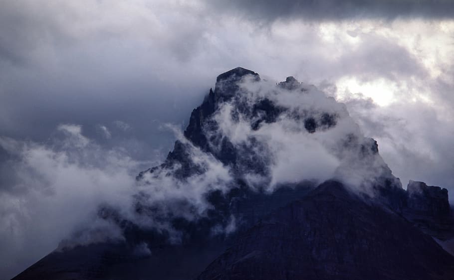 mountain range under nimbus clouds, showing, summit, fog, daytime HD wallpaper