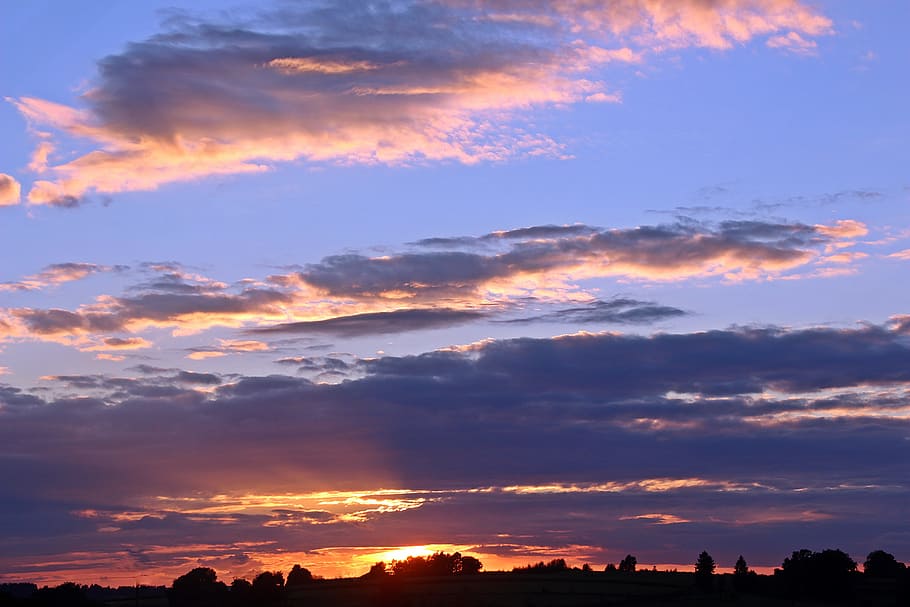 sunset, abendstimmung, sky, setting sun, clouds, bright cloud HD wallpaper