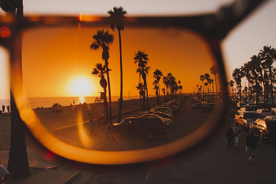 Californian sunsets, vehicles parked on pavement near palm trees and shore view from sunglasses HD wallpaper