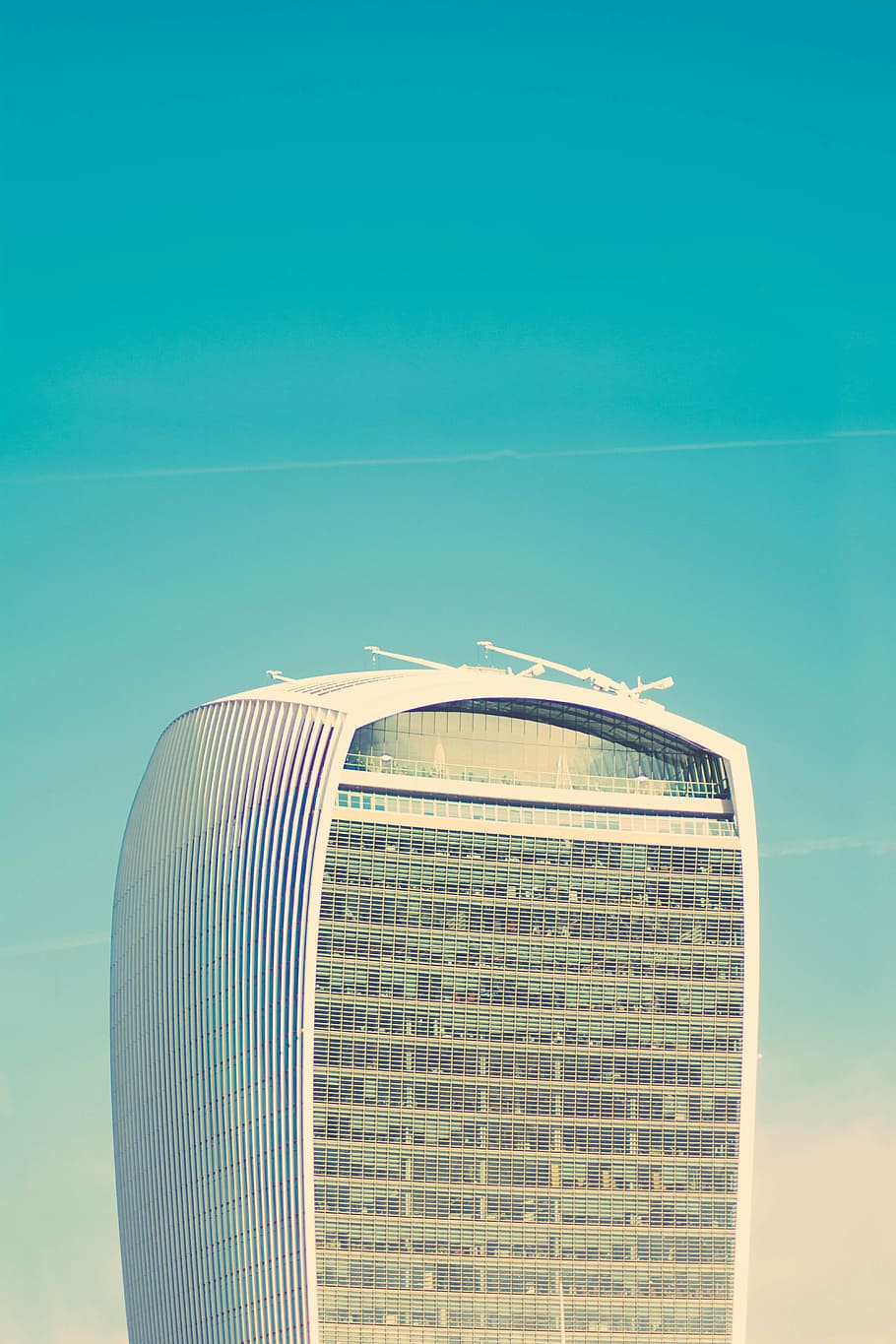 high-rise building with contrail, white, architecture, infrastructure HD wallpaper