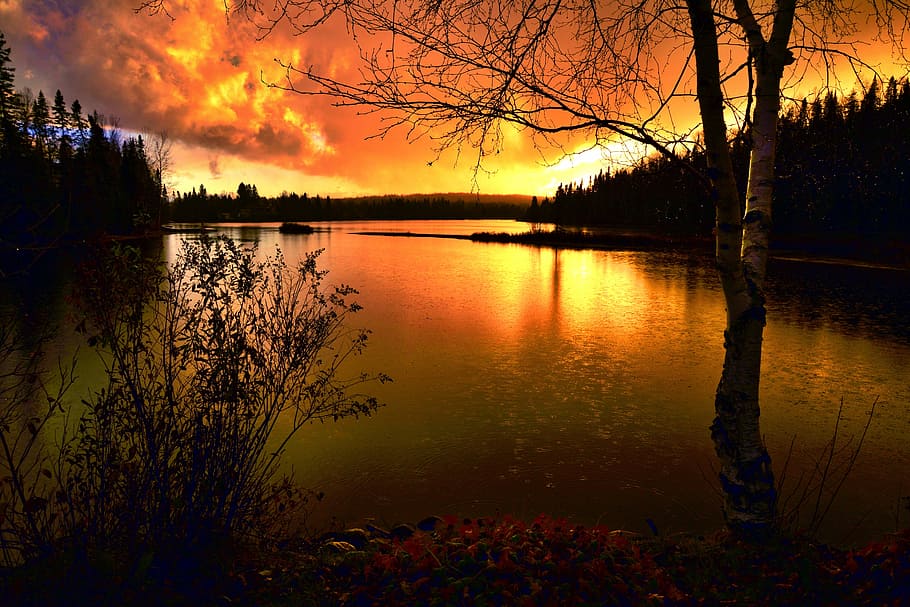 sunset of the lake, landscape, twilight, sky, fall, colors HD wallpaper