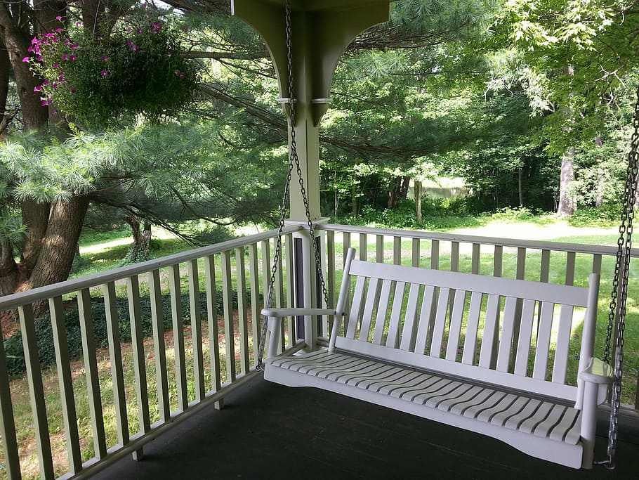 white wooden bench swing, porch, green, summer, house, yard, relax