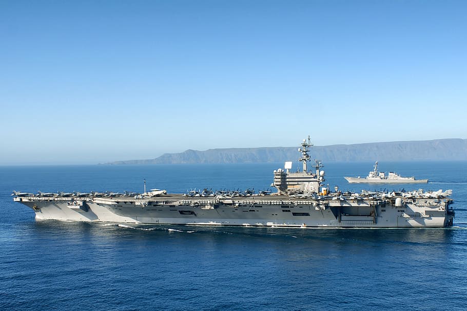 aircraft carrier, uss ronald reagan, sky, clouds, us navy, bay