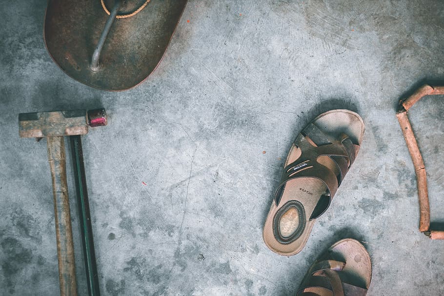 pair of gray sandals aerial photo, pair of brown leather sandals HD wallpaper