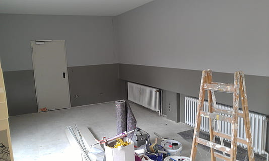 gray painted wall, site, head, renovation, working, indoors HD wallpaper