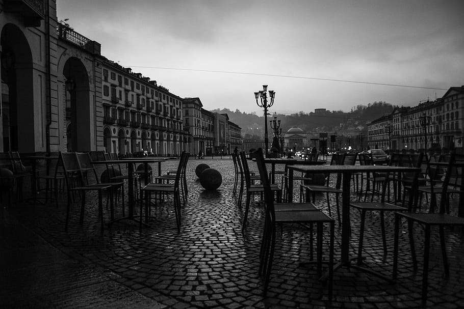 grayscale photo of structures near park, italy, turin, piazza