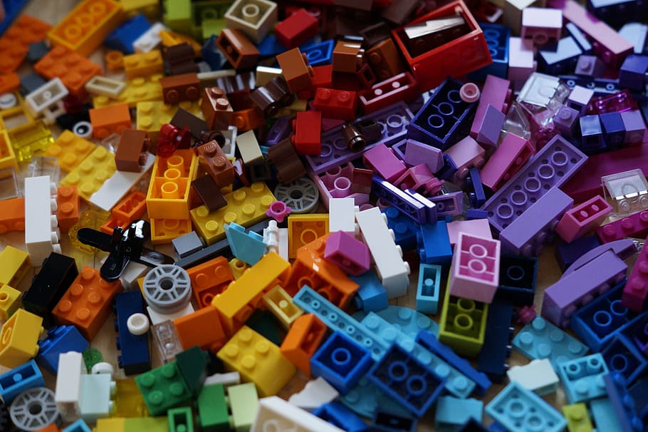 pile of interlock block toys, lego, build, building blocks, play