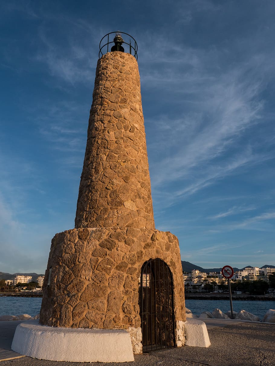 lighthouse, sky, clouds, sea, costa, sun, holiday, guiding light HD wallpaper