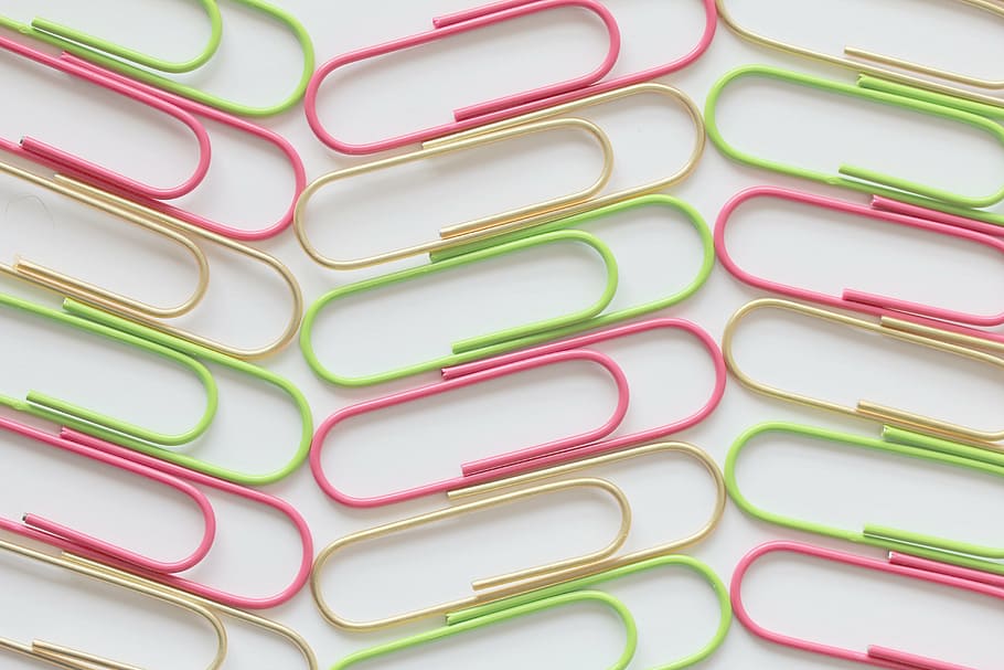 pink and green paper clip lot, paperclip, colour, office, accessory, HD wallpaper