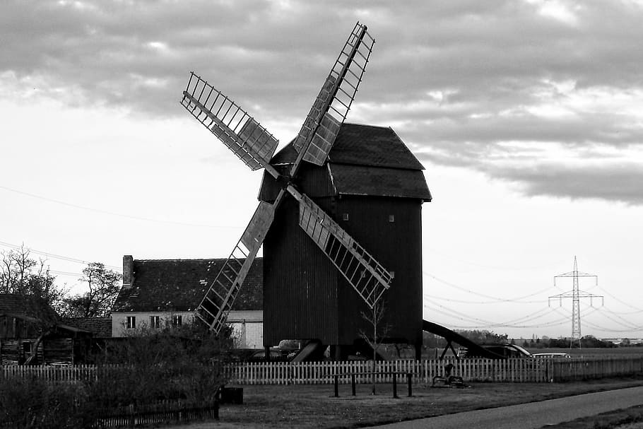 post mill, clouds, windmill, old, historically, black and white HD wallpaper