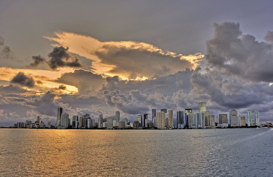 body of water, miami, clouds, miami beach, florida, usa, skyline HD wallpaper