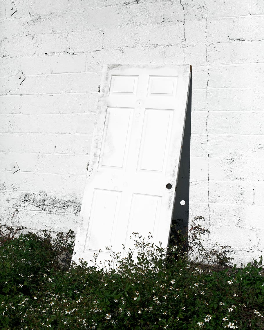 white wooden door hanged on white wall, white 6-panel door beside white wall on green grass HD wallpaper